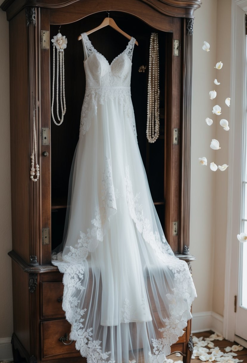 A flowing, lace-trimmed wedding gown hangs from a vintage armoire, surrounded by delicate rose petals and antique pearl jewelry