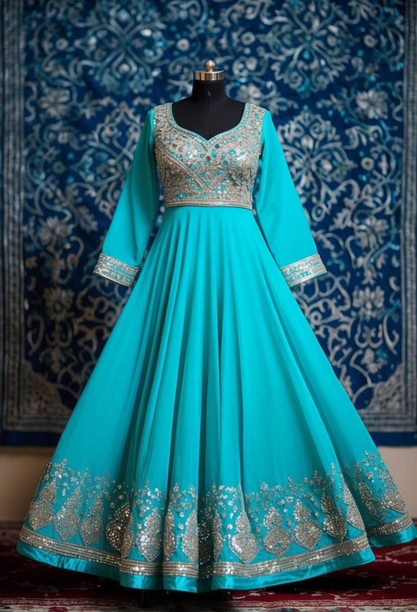 A flowing turquoise Anarkali dress adorned with intricate silver sequins, set against a backdrop of traditional Islamic patterns and motifs