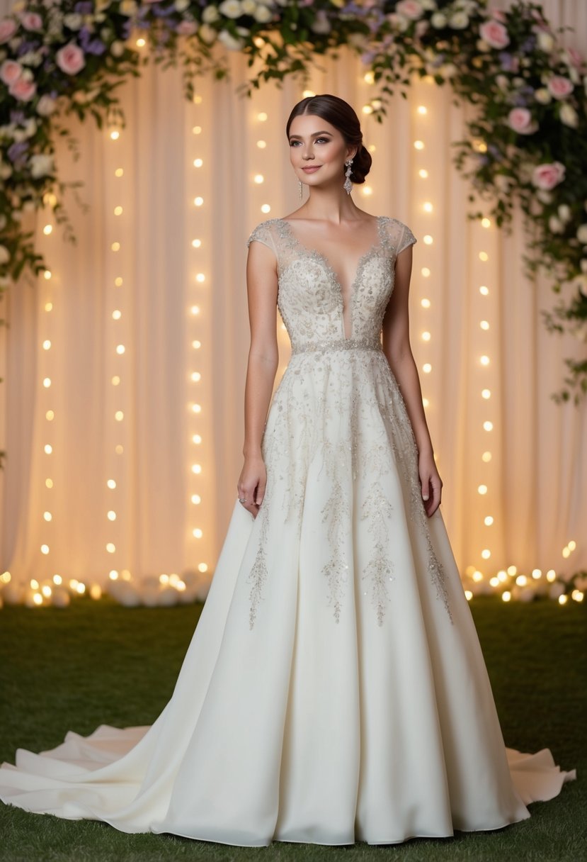 An elegant A-line evening gown with intricate embellished lace, set against a romantic backdrop of twinkling lights and blooming flowers