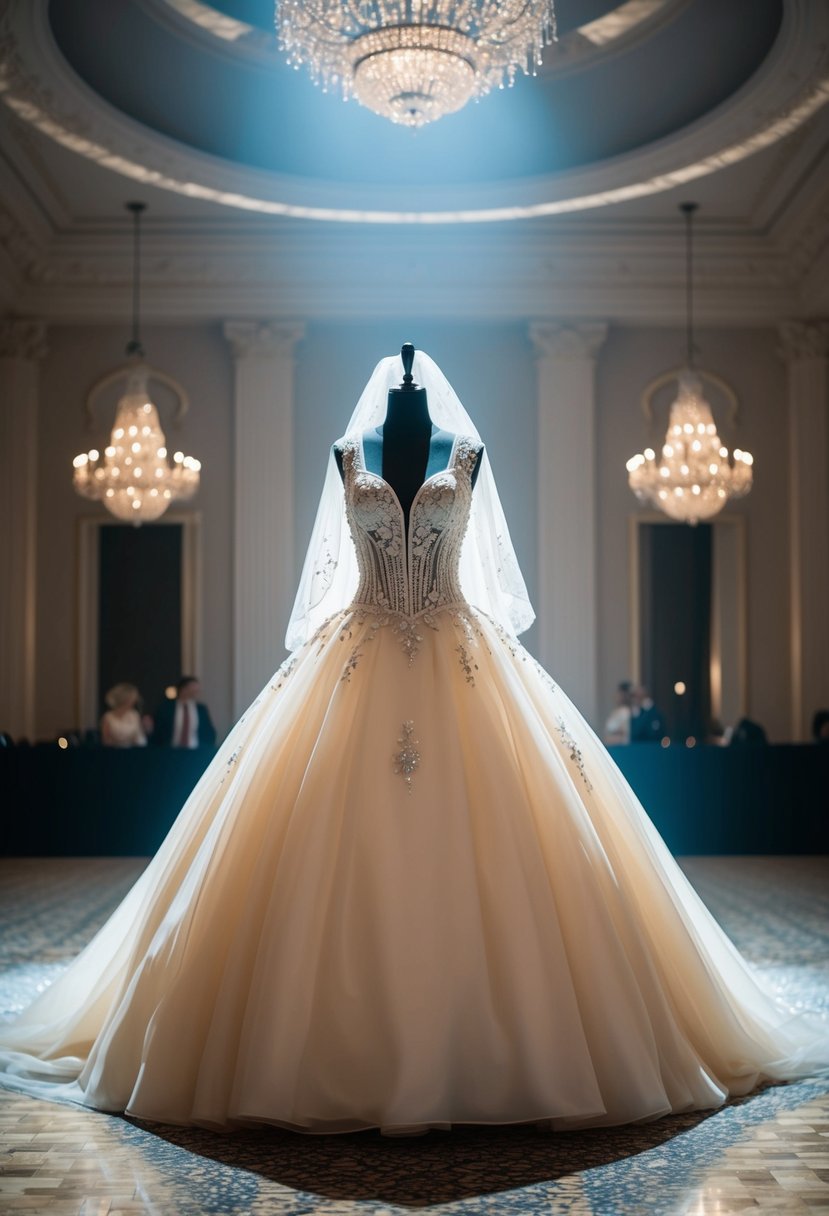 A grand ballroom with a spotlight on a flowing, elegant ball gown silhouette, surrounded by delicate lace and shimmering embellishments