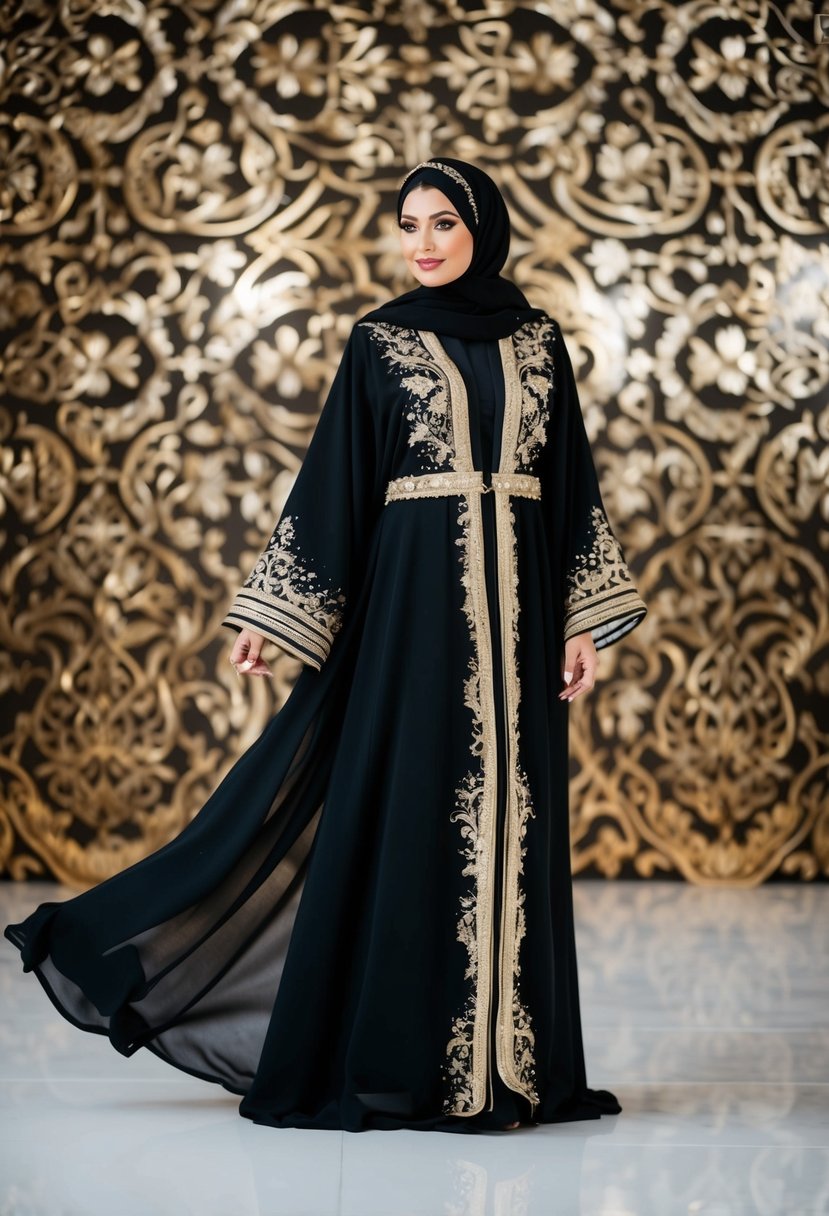 A flowing black abaya adorned with intricate gold embroidery and shimmering accents, set against a backdrop of ornate arabesque patterns