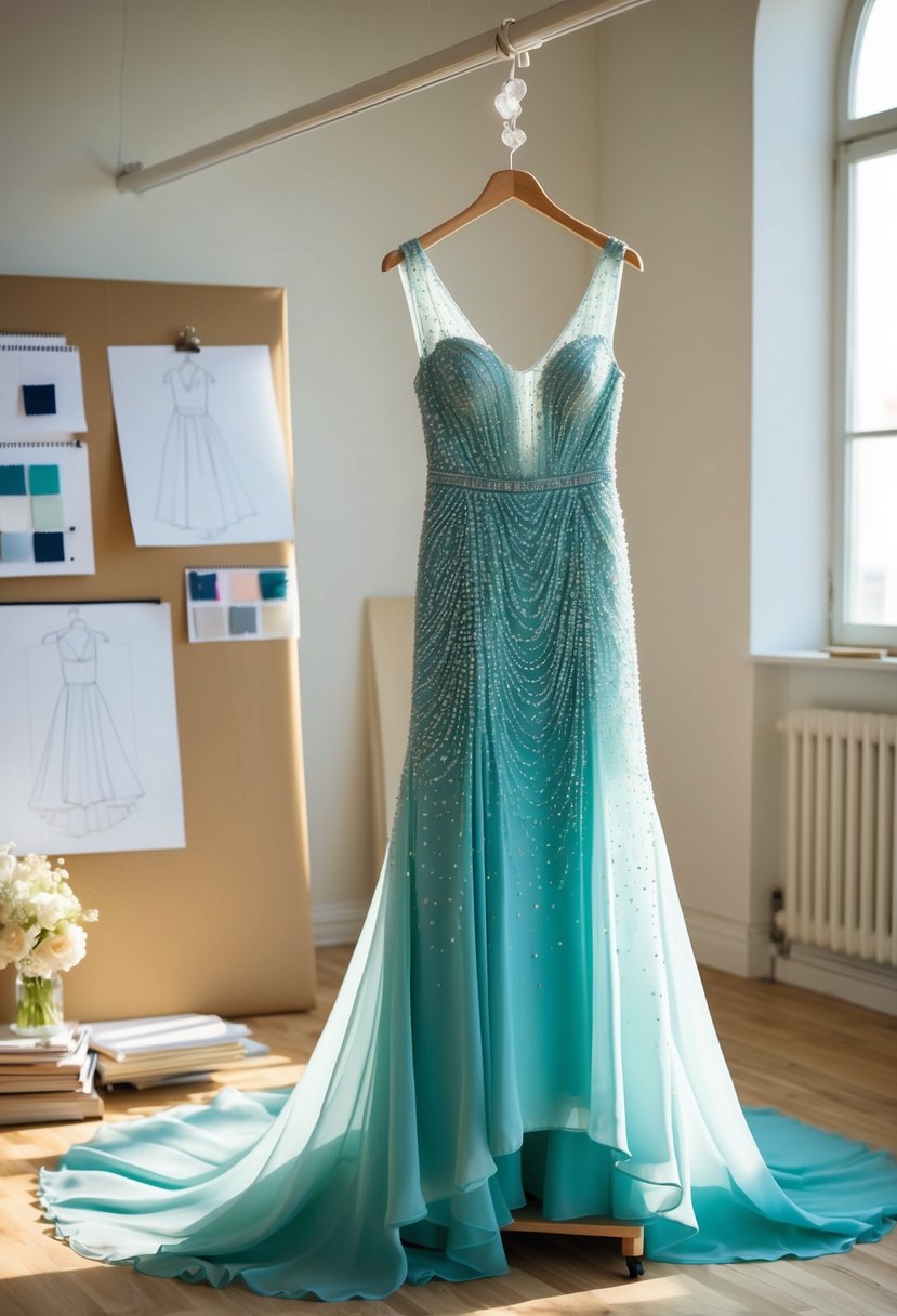 A flowing beaded chiffon gown hangs on a dress form in a sunlit studio, surrounded by sketches and fabric swatches