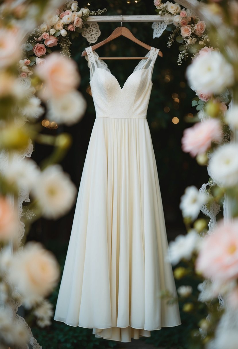 A flowing ivory A-line dress hanging on a vintage wooden hanger, surrounded by delicate lace and floral details