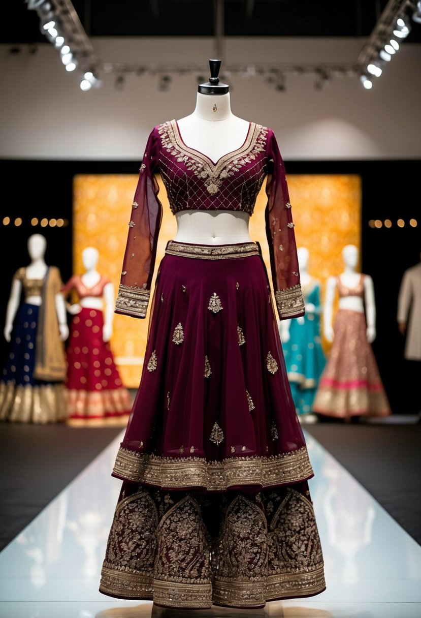 A maroon sharara with intricate zari work displayed on a mannequin