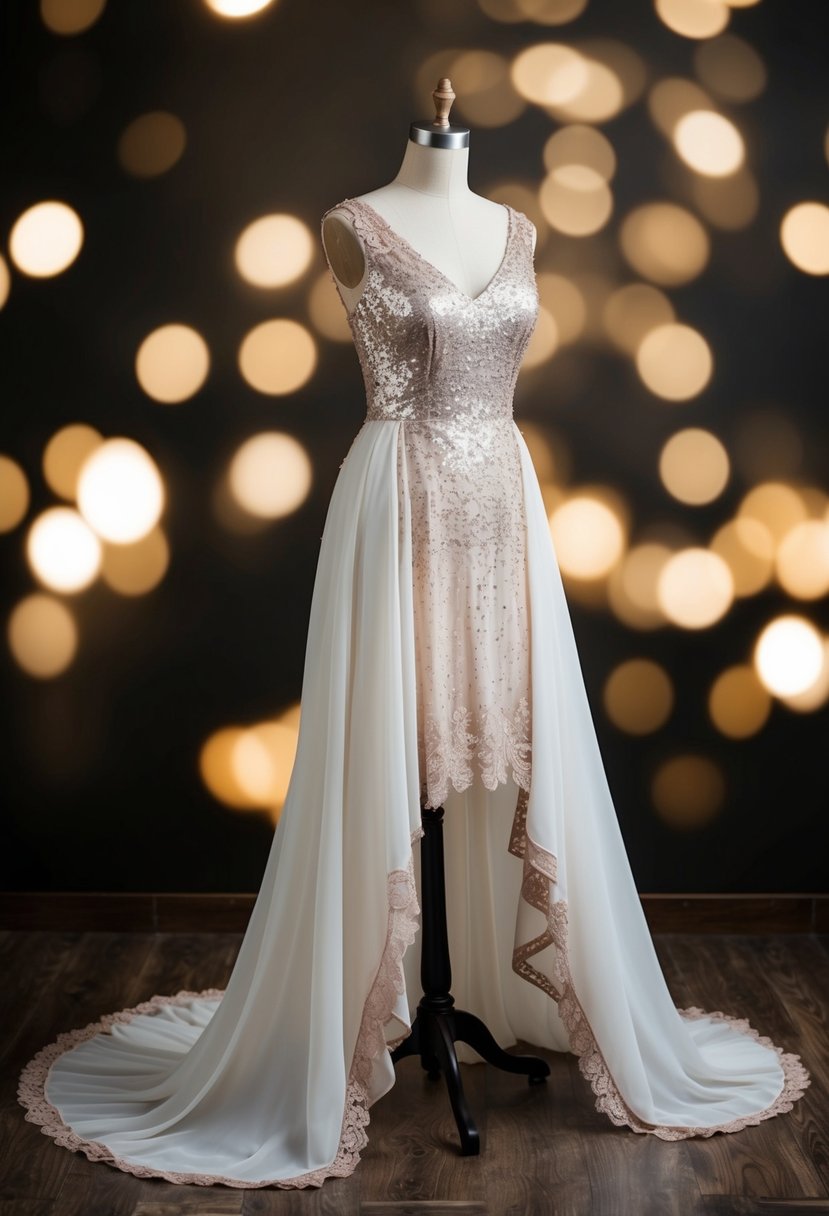 A flowing gown with sequin lace and chiffon, draped on a mannequin