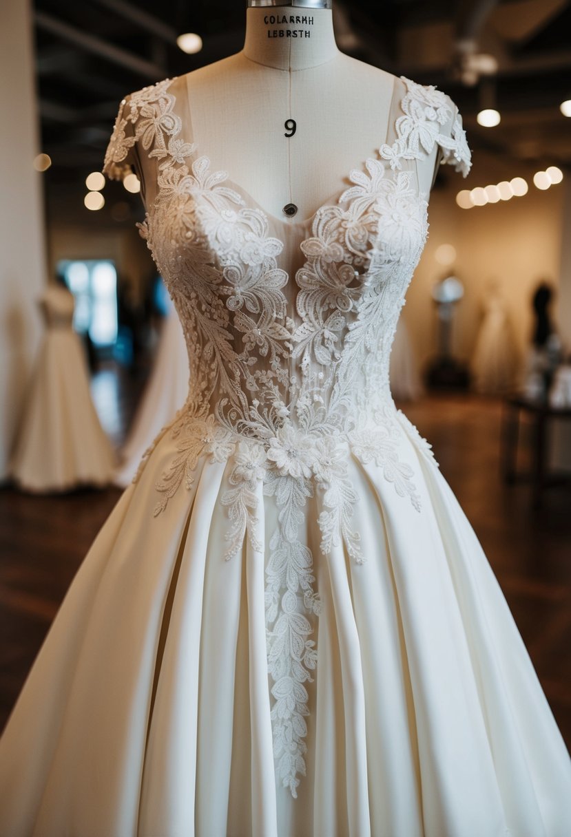 A lace-embellished bodice wedding dress displayed on a vintage mannequin