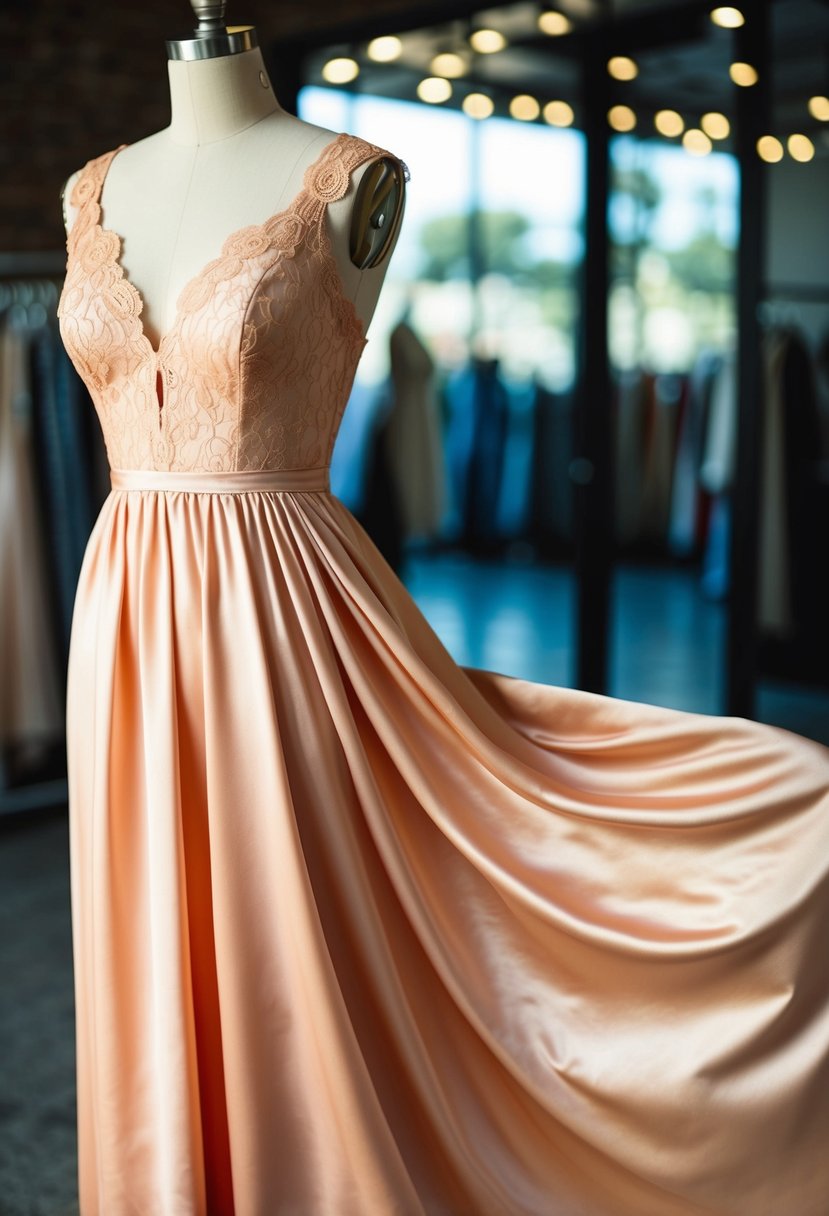 A peach satin maxi dress with lace details flowing gracefully on a mannequin