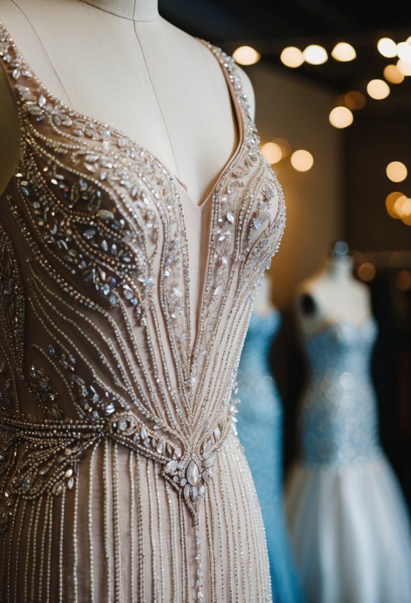 A close-up of a beaded detail gown hanging on a mannequin, with intricate patterns and sparkling embellishments catching the light