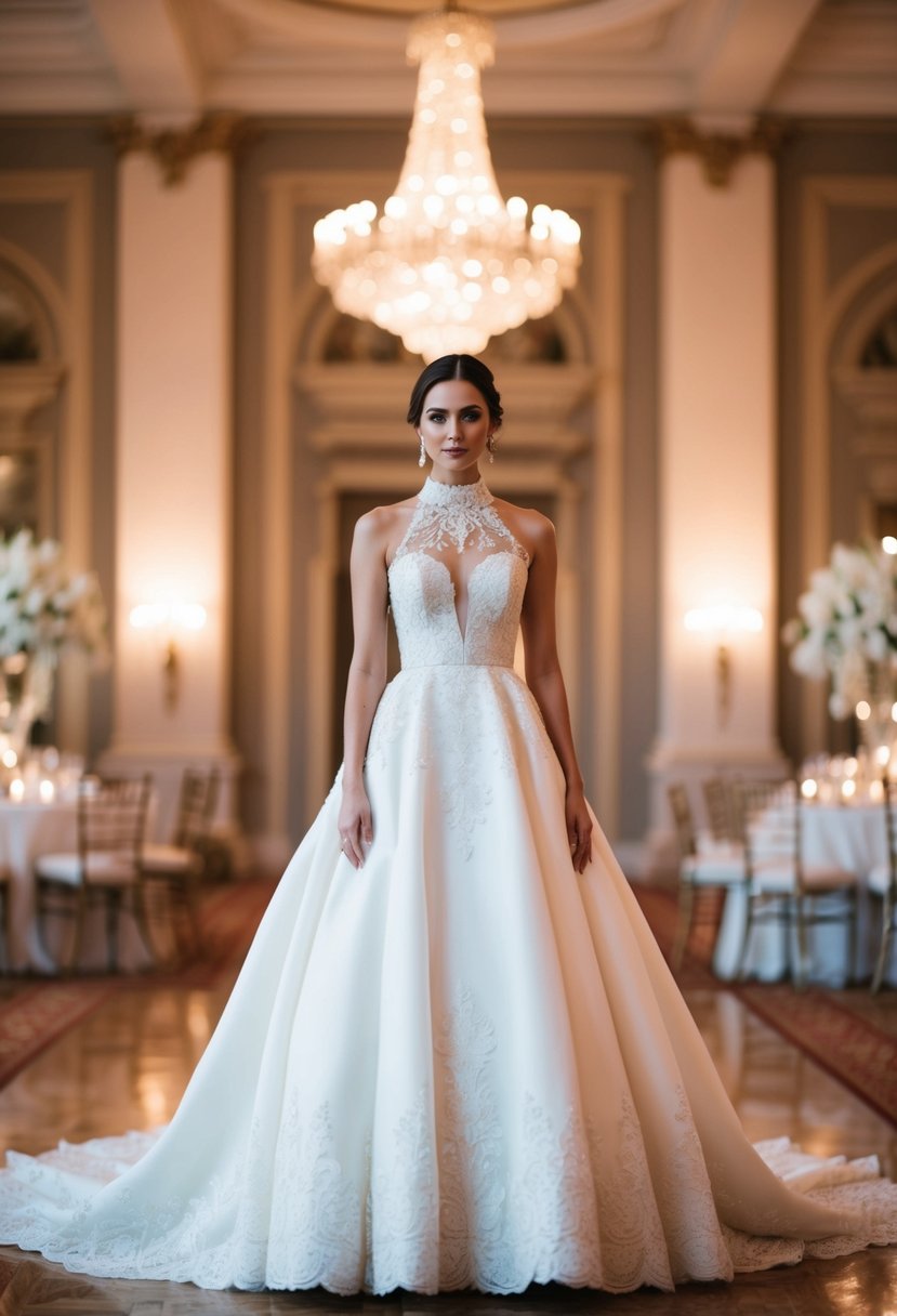 A bride stands in a grand ballroom, wearing a high neckline, elegant and timeless wedding dress. The room is filled with soft, romantic lighting and opulent decor