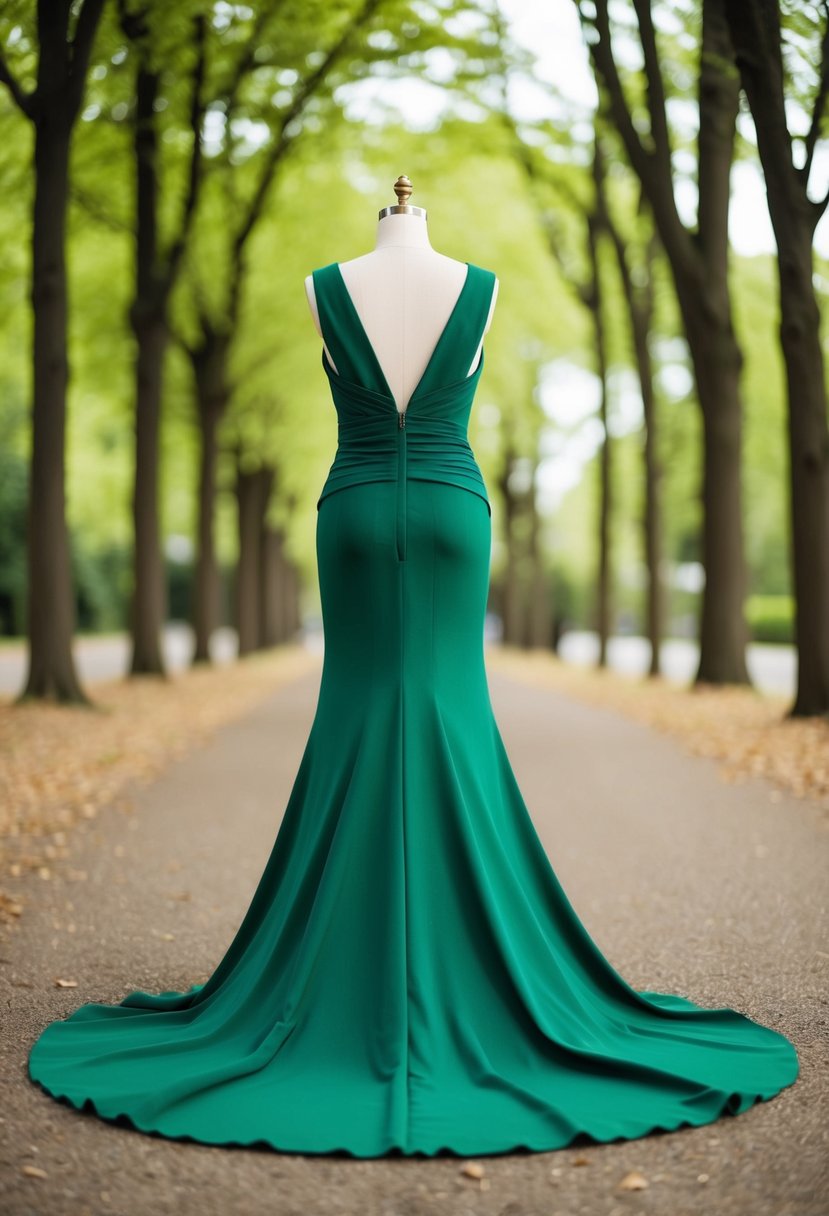 A forest green crepe gown cascades gracefully, pooling at the floor in elegant folds