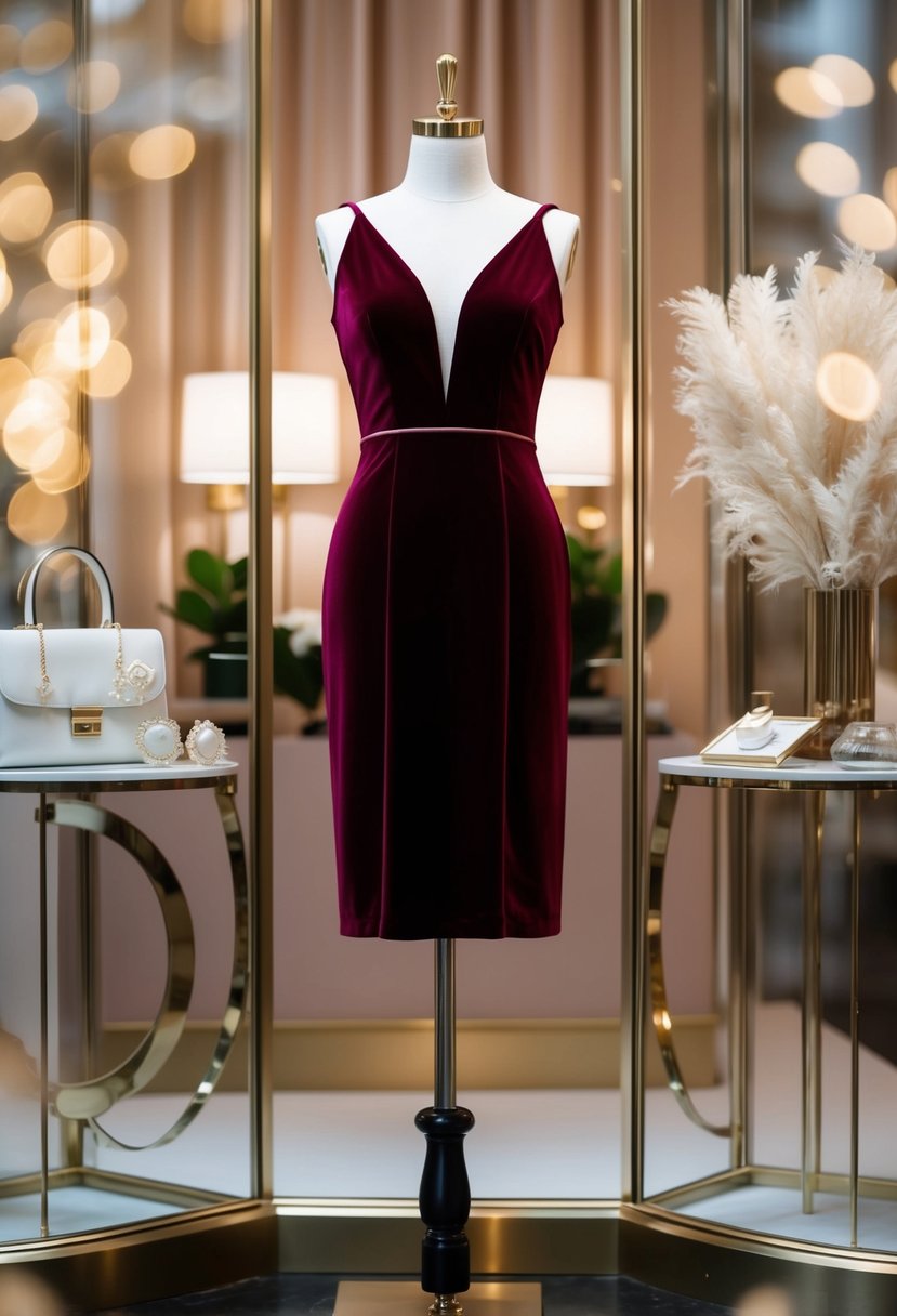 A sleek midi velvet cocktail dress displayed on a mannequin in a boutique window, surrounded by soft lighting and elegant accessories