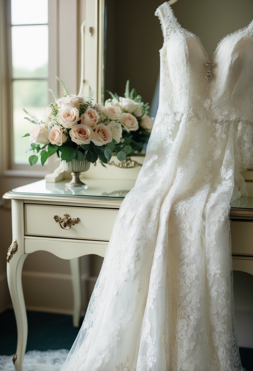 A delicate lace wedding gown draped over a vintage vanity with a bouquet of roses