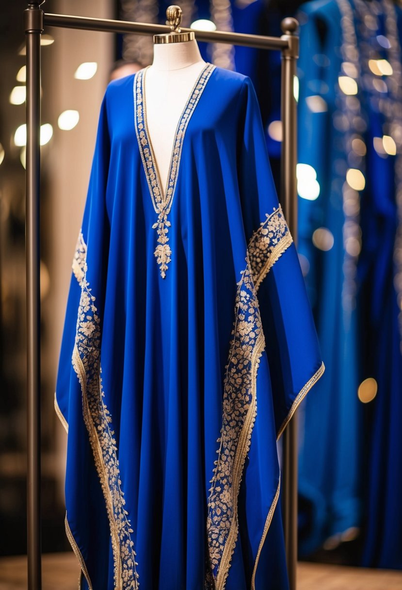 A royal blue kaftan with intricate embroidered borders drapes elegantly over a display stand, catching the light and showcasing its ornate details