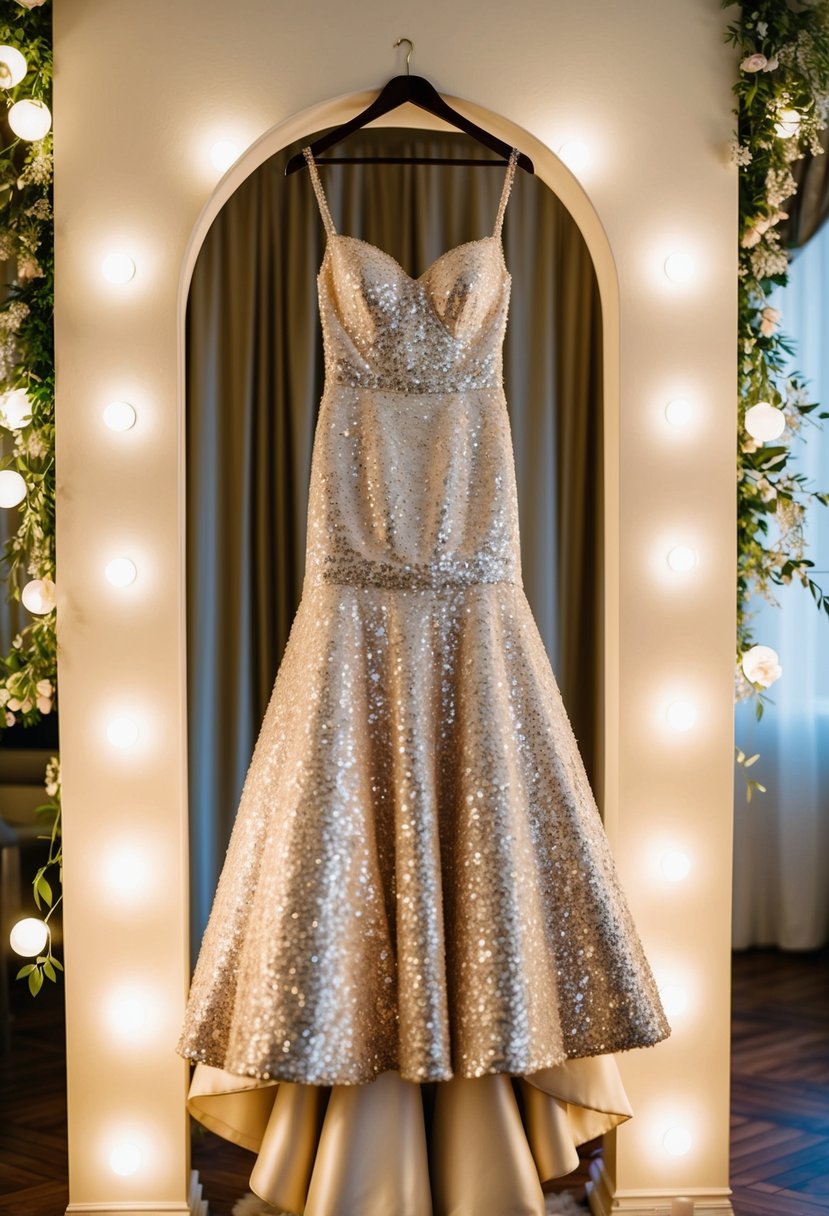 A sparkling sequin gown hanging on a luxurious velvet hanger, surrounded by soft lighting and elegant decor