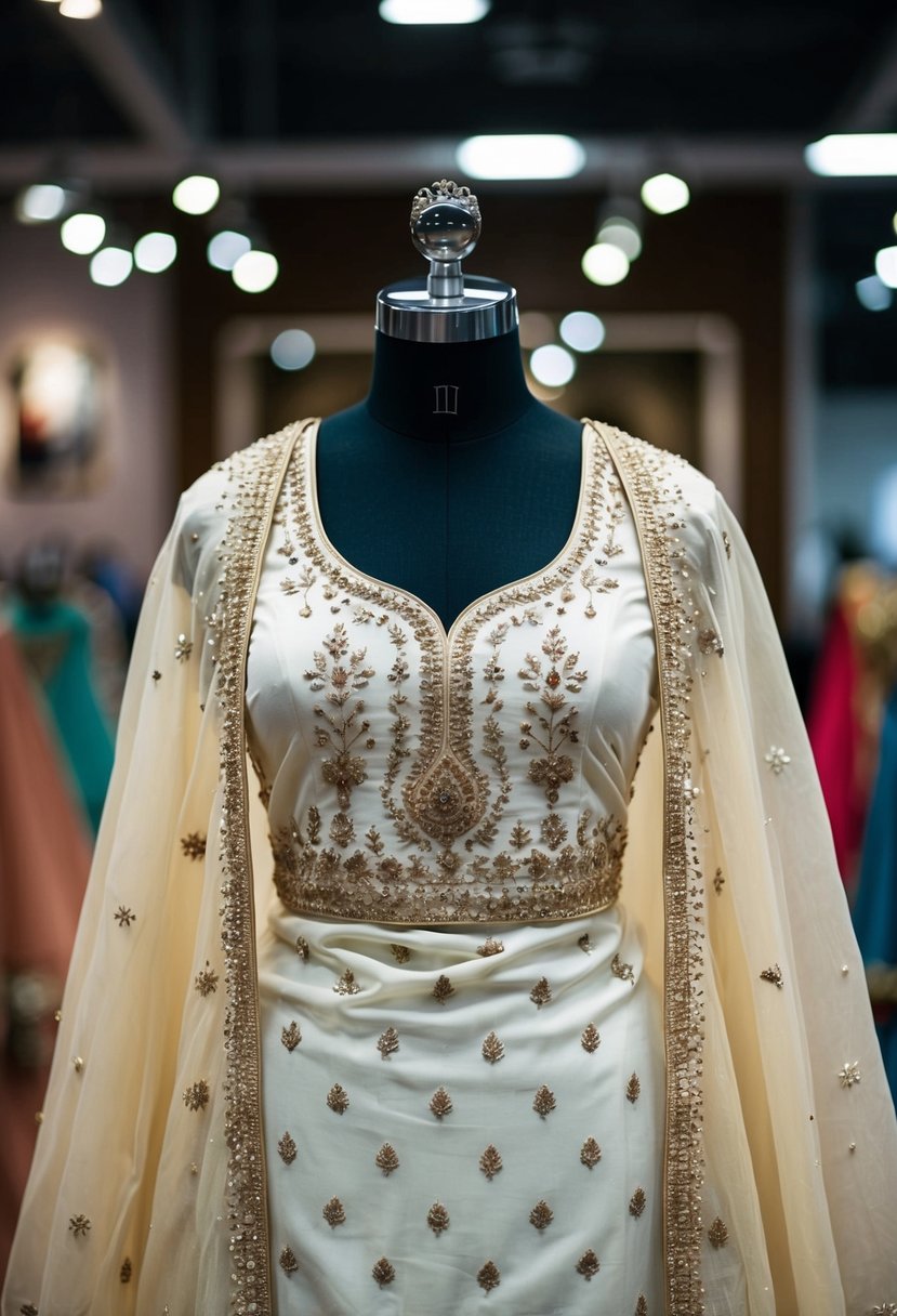 A luxurious ivory and gold Salwar Kameez set displayed on a mannequin, adorned with intricate embroidery and shimmering embellishments