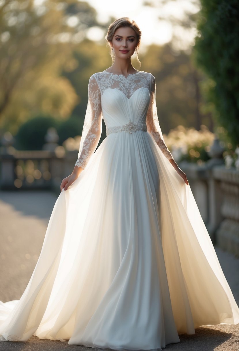 A flowing, floor-length wedding dress with delicate lace sleeves and a cinched waist, evoking a vintage-inspired and timeless aesthetic