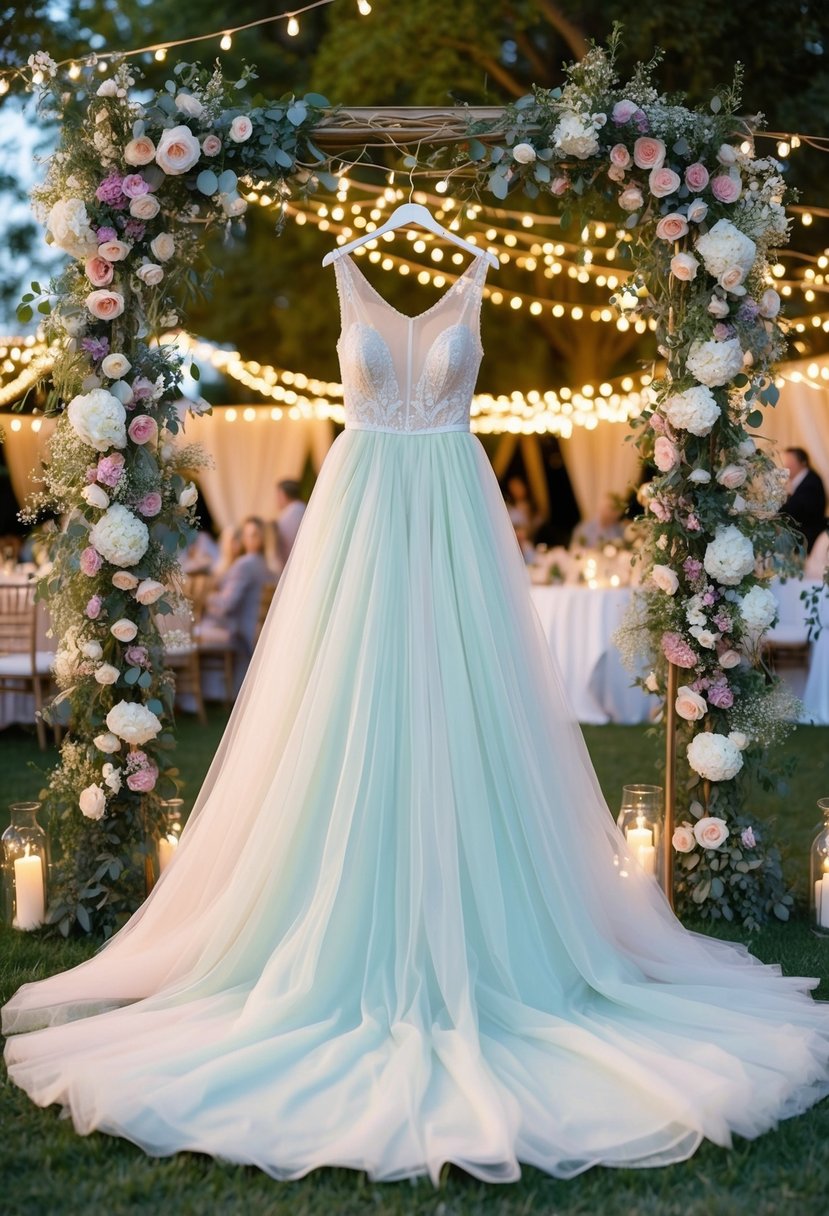 A flowing A-line tulle gown in soft pastel hues, surrounded by delicate floral arrangements and twinkling fairy lights at an outdoor wedding reception