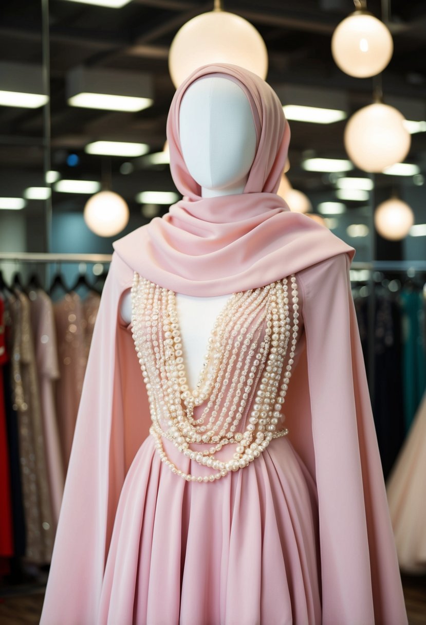 A soft pink gown adorned with pearls, designed to be hijab-friendly, flows gracefully on a mannequin