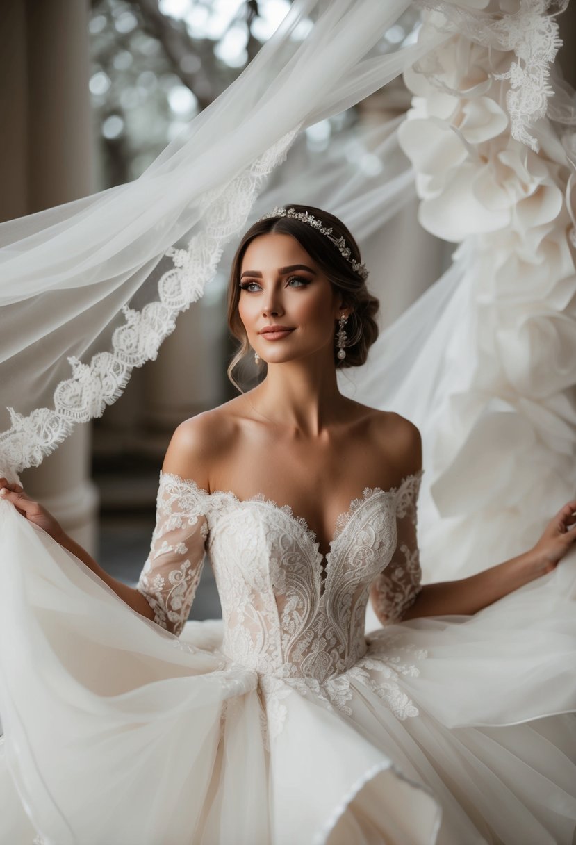 A bride in an off-the-shoulder charm wedding dress, surrounded by delicate lace, flowing fabric, and elegant details