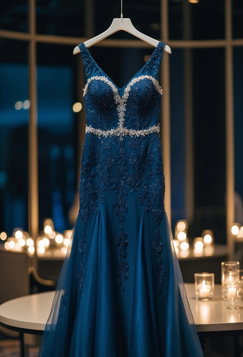 A dark blue full-length gown hangs on a mannequin in a dimly lit room, adorned with intricate lace and shimmering embellishments