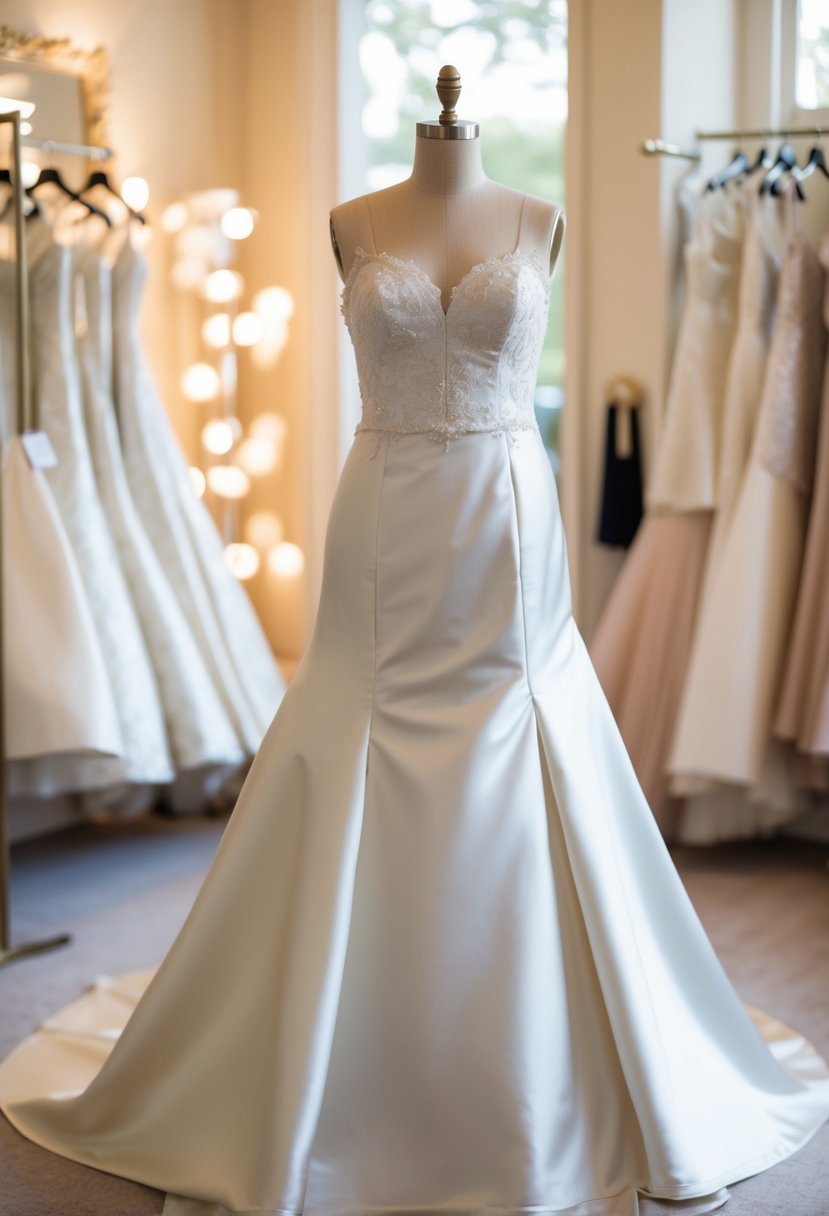 A satin fit-and-flare wedding dress displayed on a vintage dress form in a softly lit, elegant bridal boutique