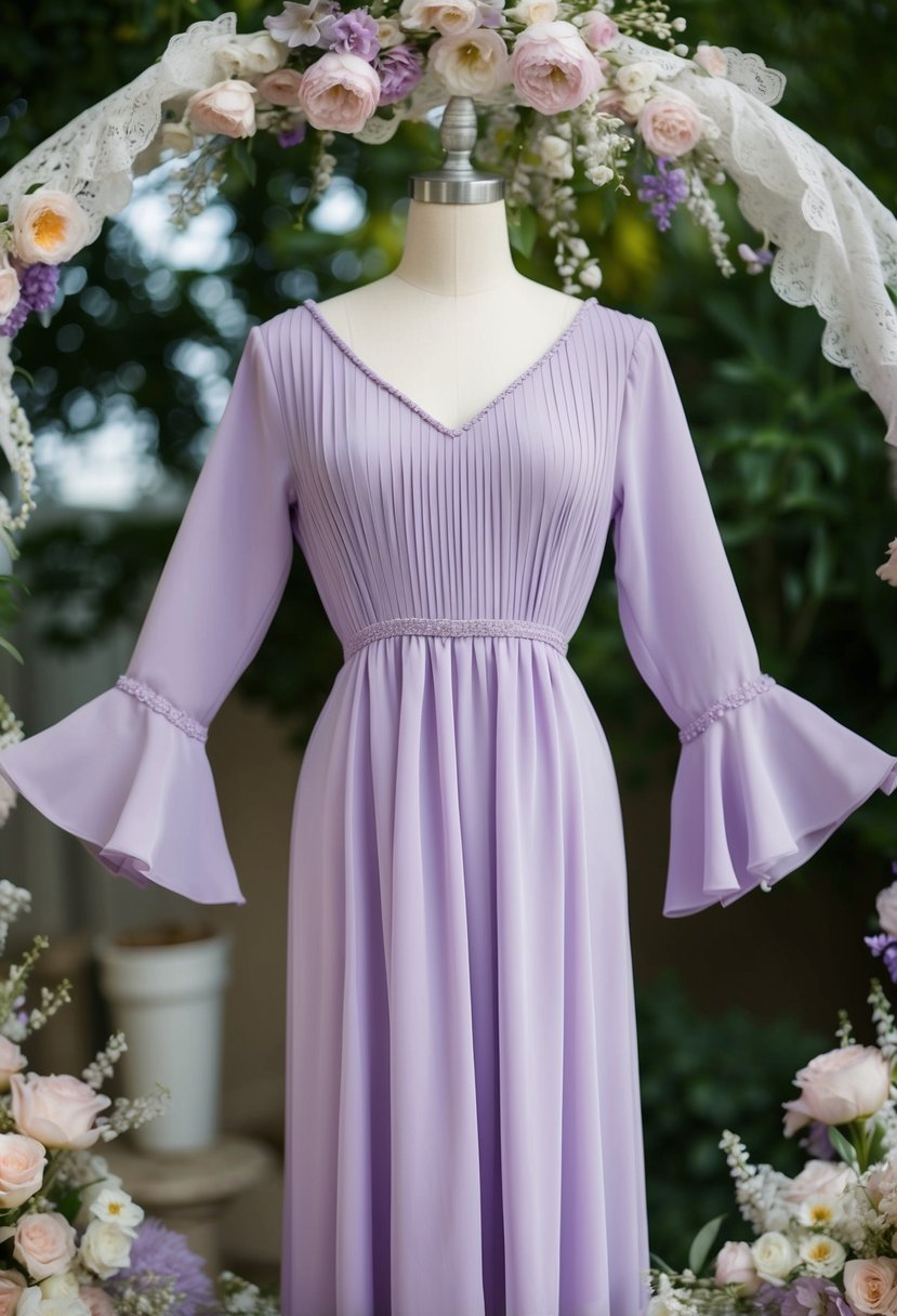 A lavender georgette dress with bell sleeves hangs on a mannequin, surrounded by delicate lace and floral accents