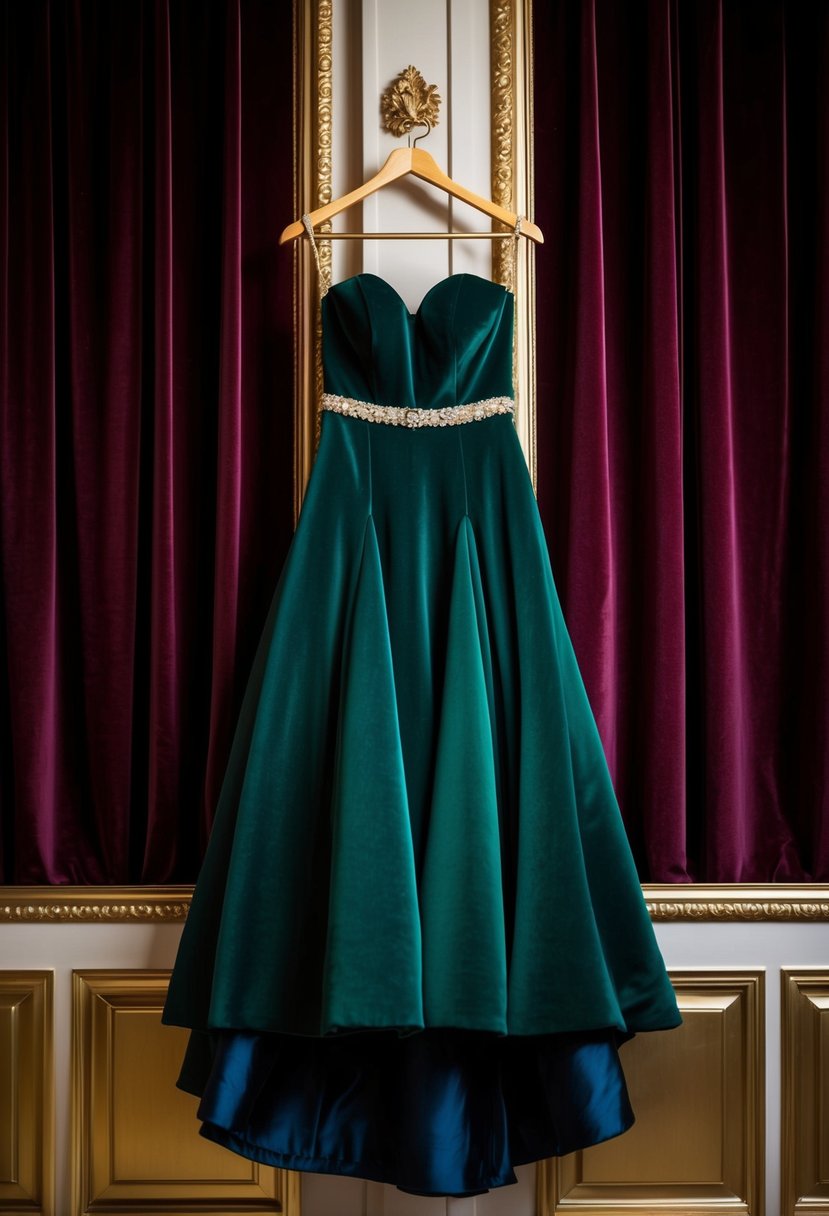 A dark green formal gown hanging on a vintage gold hanger against a backdrop of rich, velvety curtains