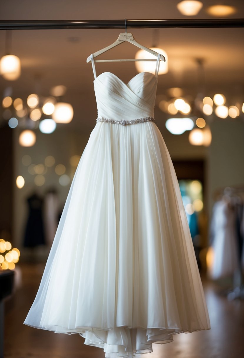 A flowing strapless wedding dress hangs on a vintage mannequin