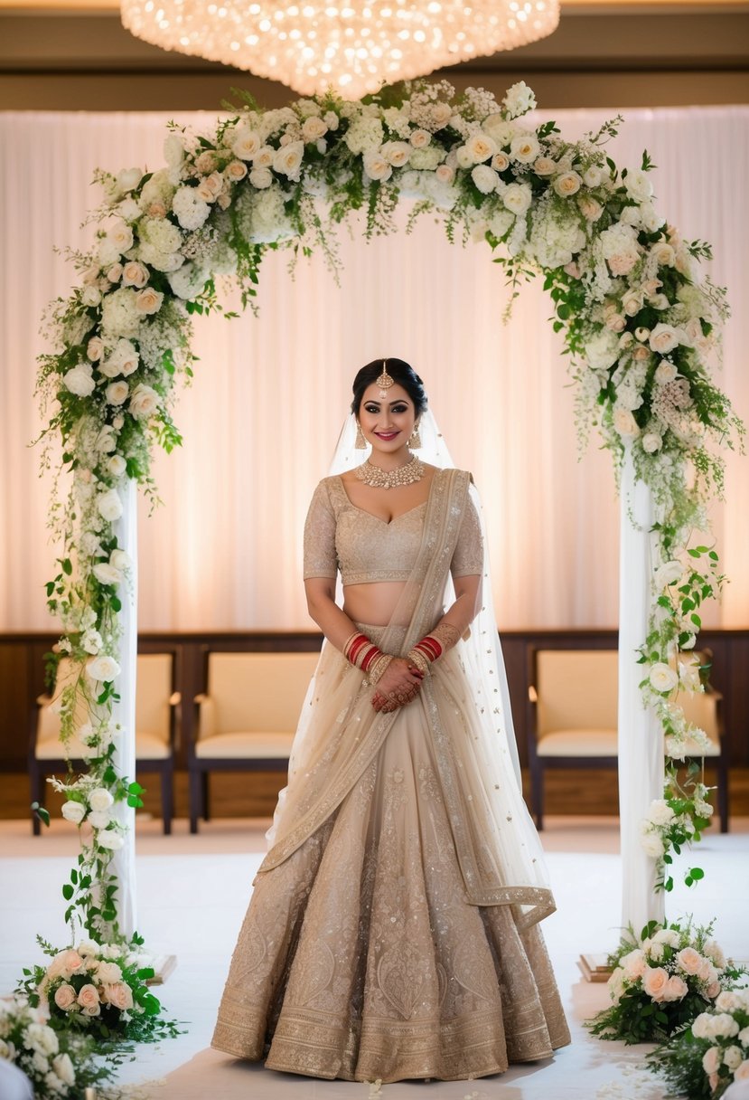 A bride in a sophisticated champagne lehenga stands beneath a delicate floral arch at a Muslim wedding ceremony