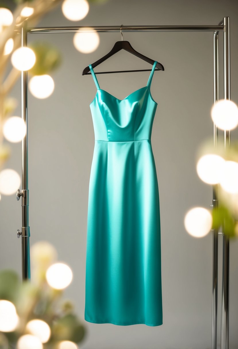 A chic satin midi dress hanging on a sleek hanger, surrounded by soft lighting and elegant accessories