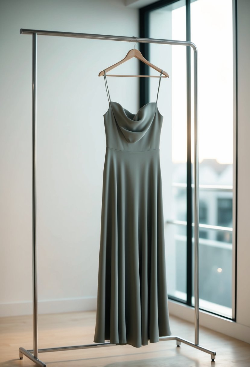 A simple, flowing crepe gown hangs on a sleek, modern clothing rack, bathed in soft, natural light from a nearby window