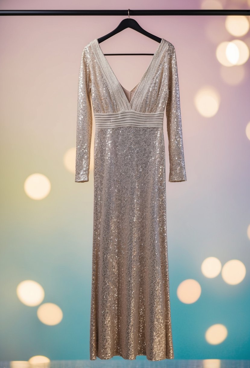 A shimmering long dress with glittering knit fabric, hanging on a hanger against a soft, pastel-colored background