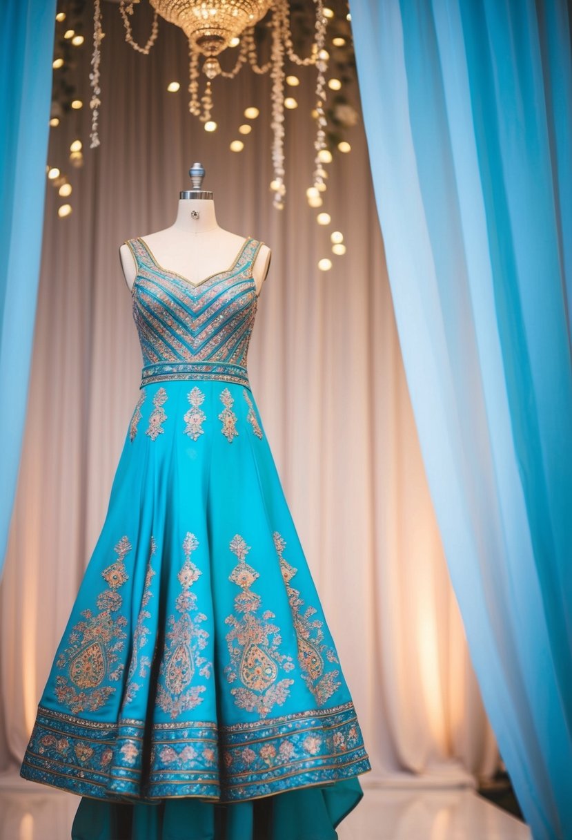 A turquoise gown with intricate traditional patterns hangs on a mannequin, surrounded by soft lighting and elegant drapery