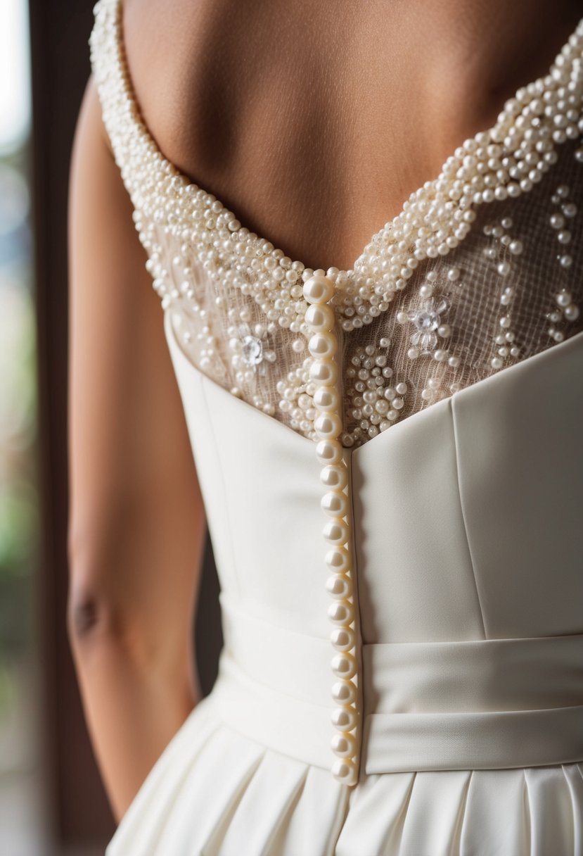 A close-up of a delicate pearl button back on a classic wedding dress