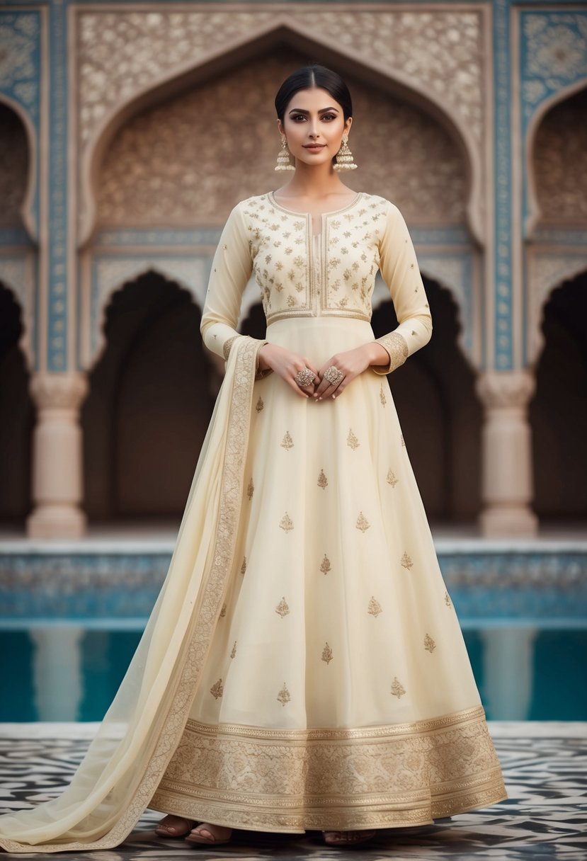 A cream anarkali suit adorned with elegant motifs, set against a backdrop of intricate patterns and traditional Islamic architecture