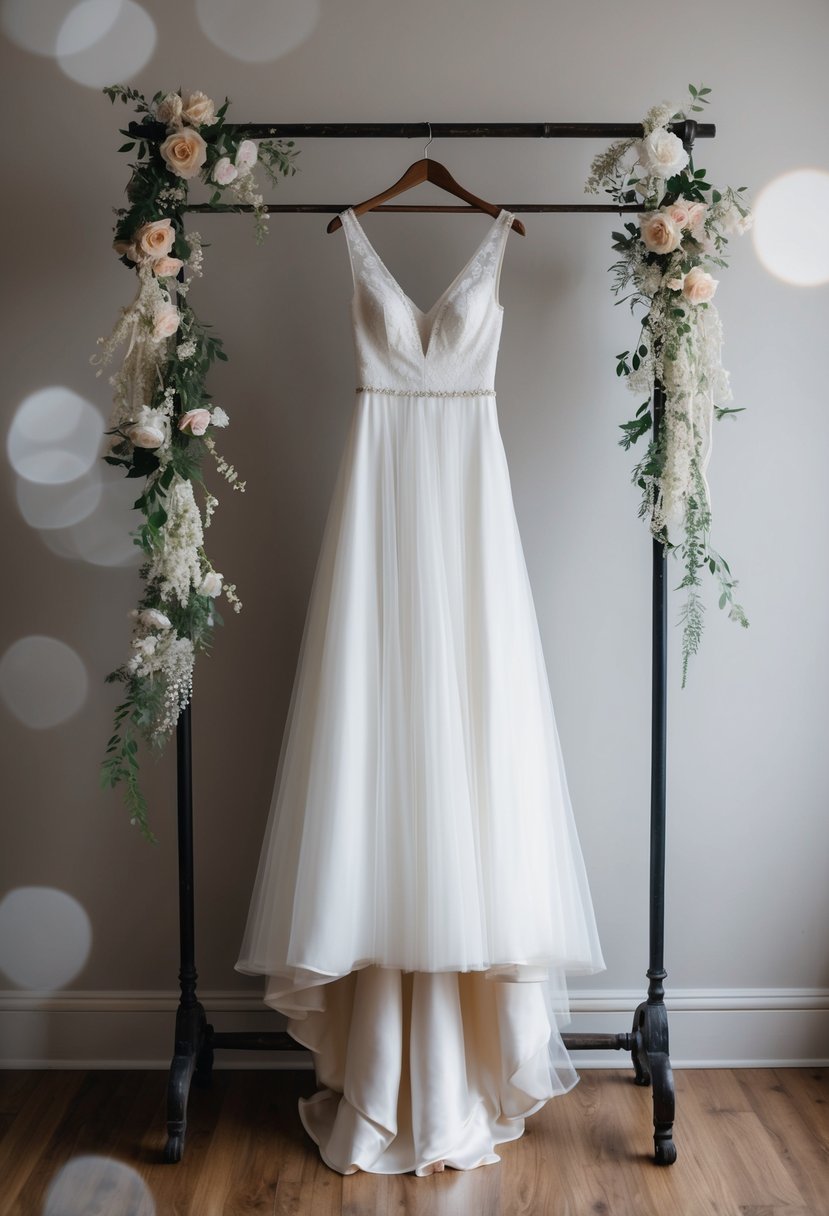 A flowing v-neck wedding dress hangs from a vintage coat rack, surrounded by delicate lace and floral accents