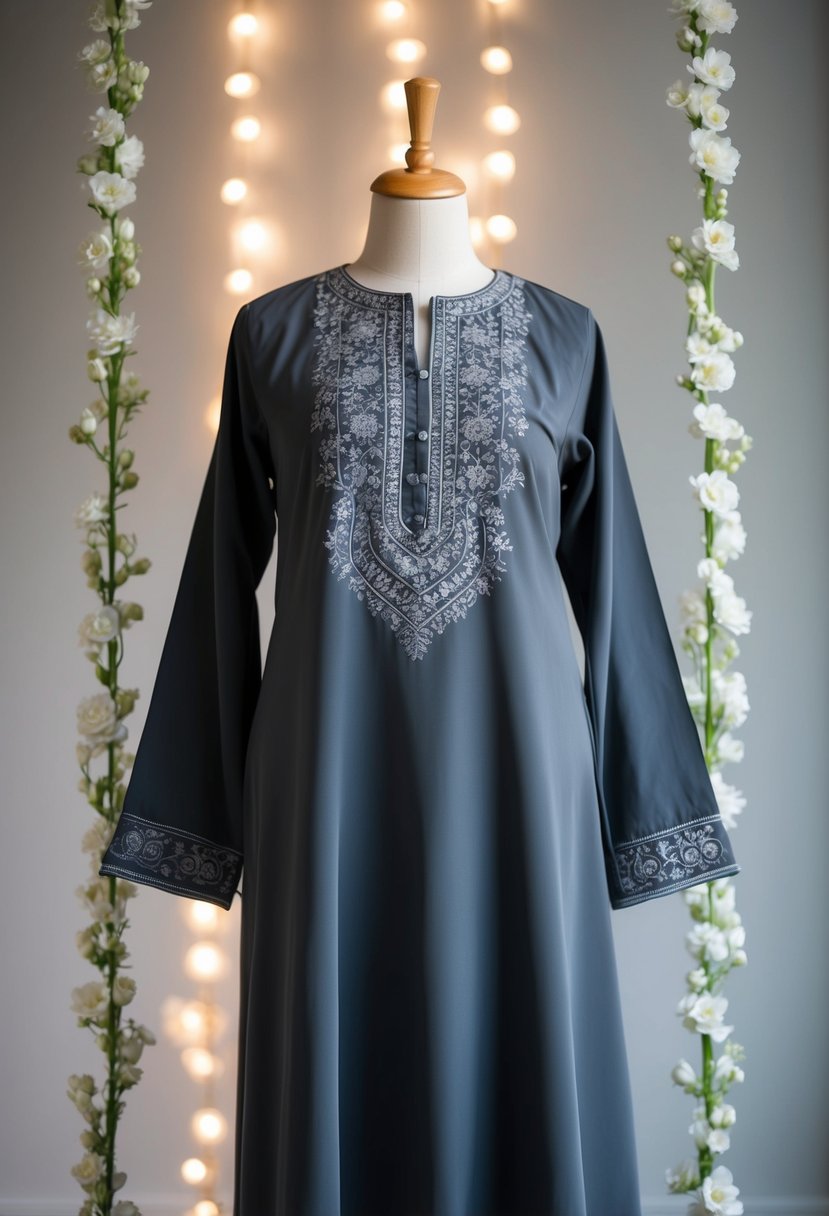 A charcoal gray jilbab with subtle embroidery hangs on a mannequin, surrounded by soft lighting and delicate floral accents