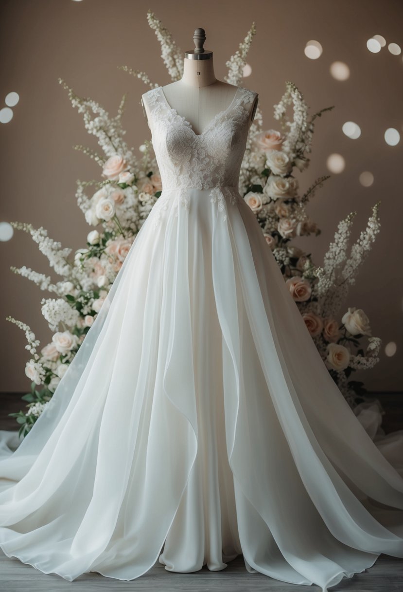 A flowing silk organza wedding dress on a mannequin, surrounded by delicate lace and floral accents