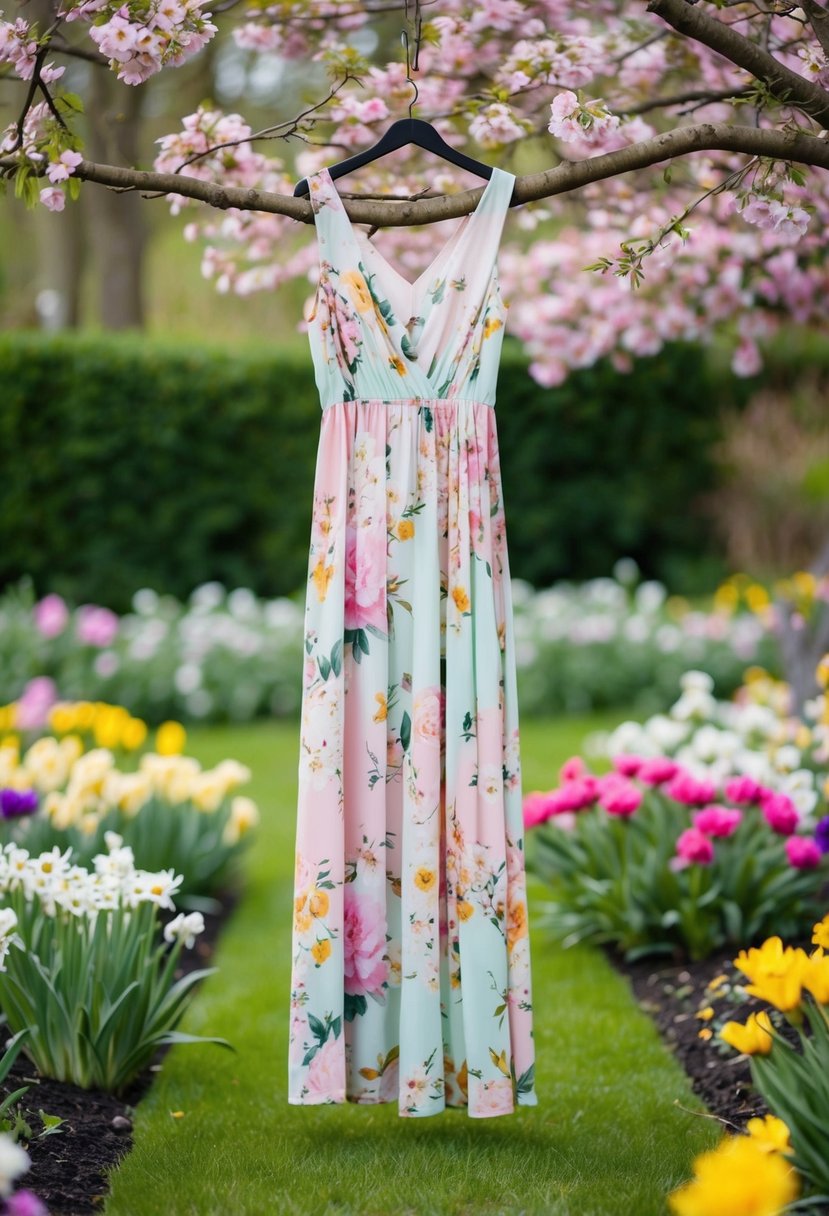 A garden filled with blooming spring flowers, with a flowing maxi dress in pastel floral prints hanging from a tree branch