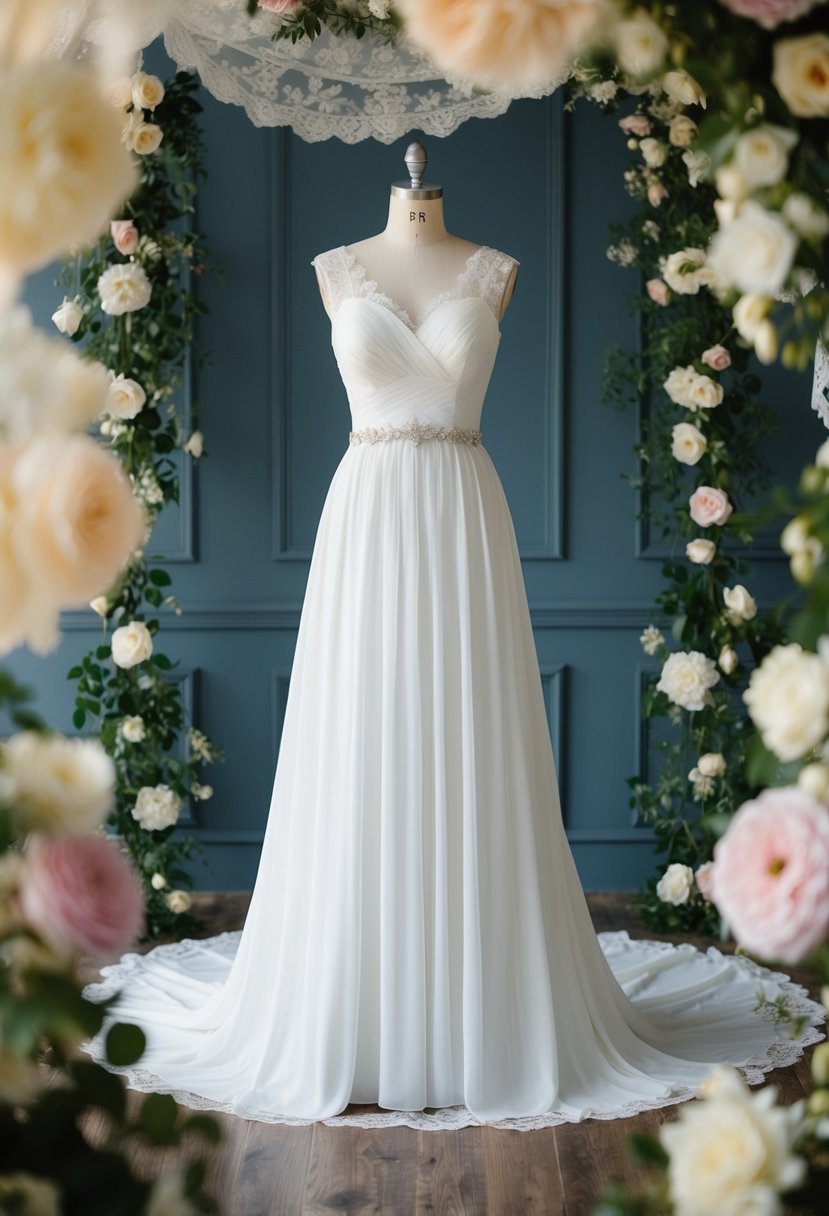 A flowing empire waist wedding dress on a mannequin, surrounded by vintage lace and floral accents