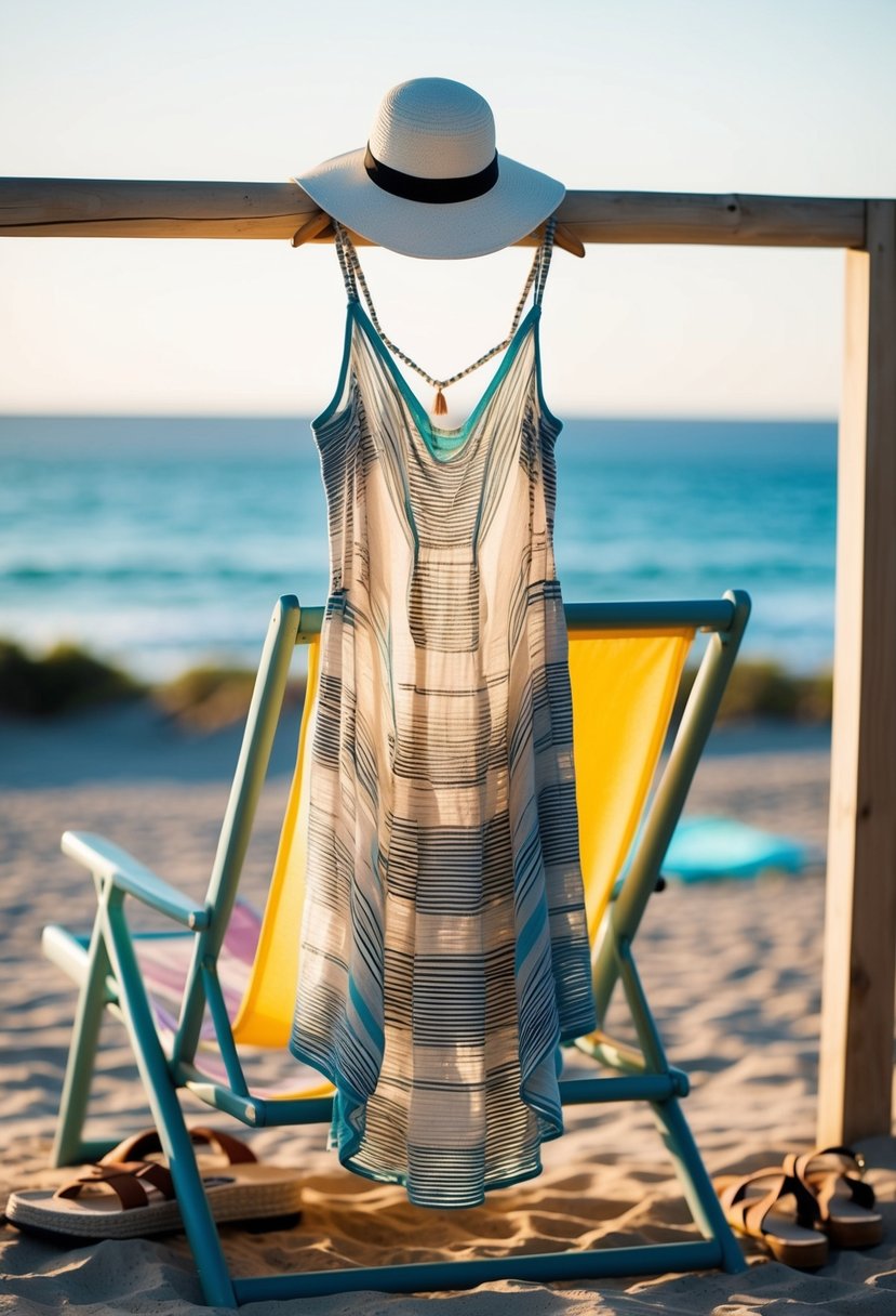 A flowing sundress hangs on a beach chair, surrounded by sandals and a sun hat, with a view of the ocean in the background