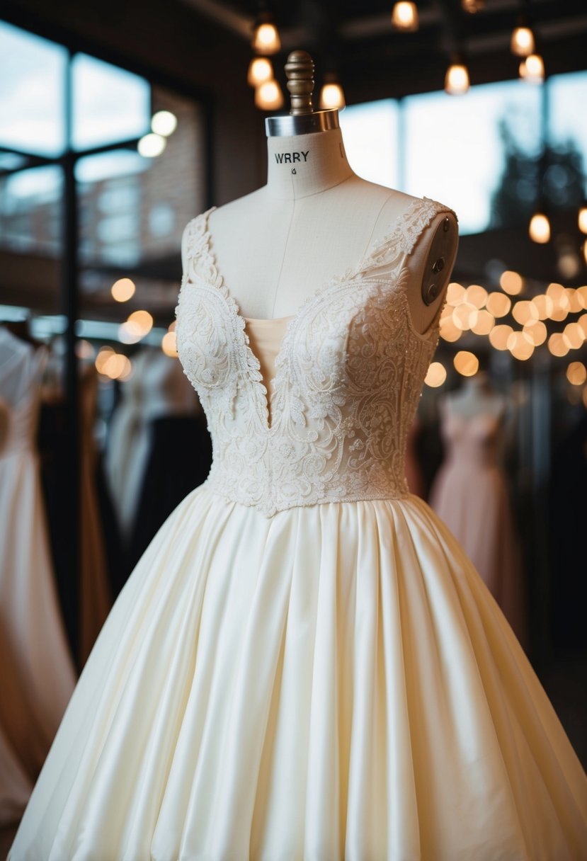 An elegant ivory wedding dress displayed on a vintage mannequin