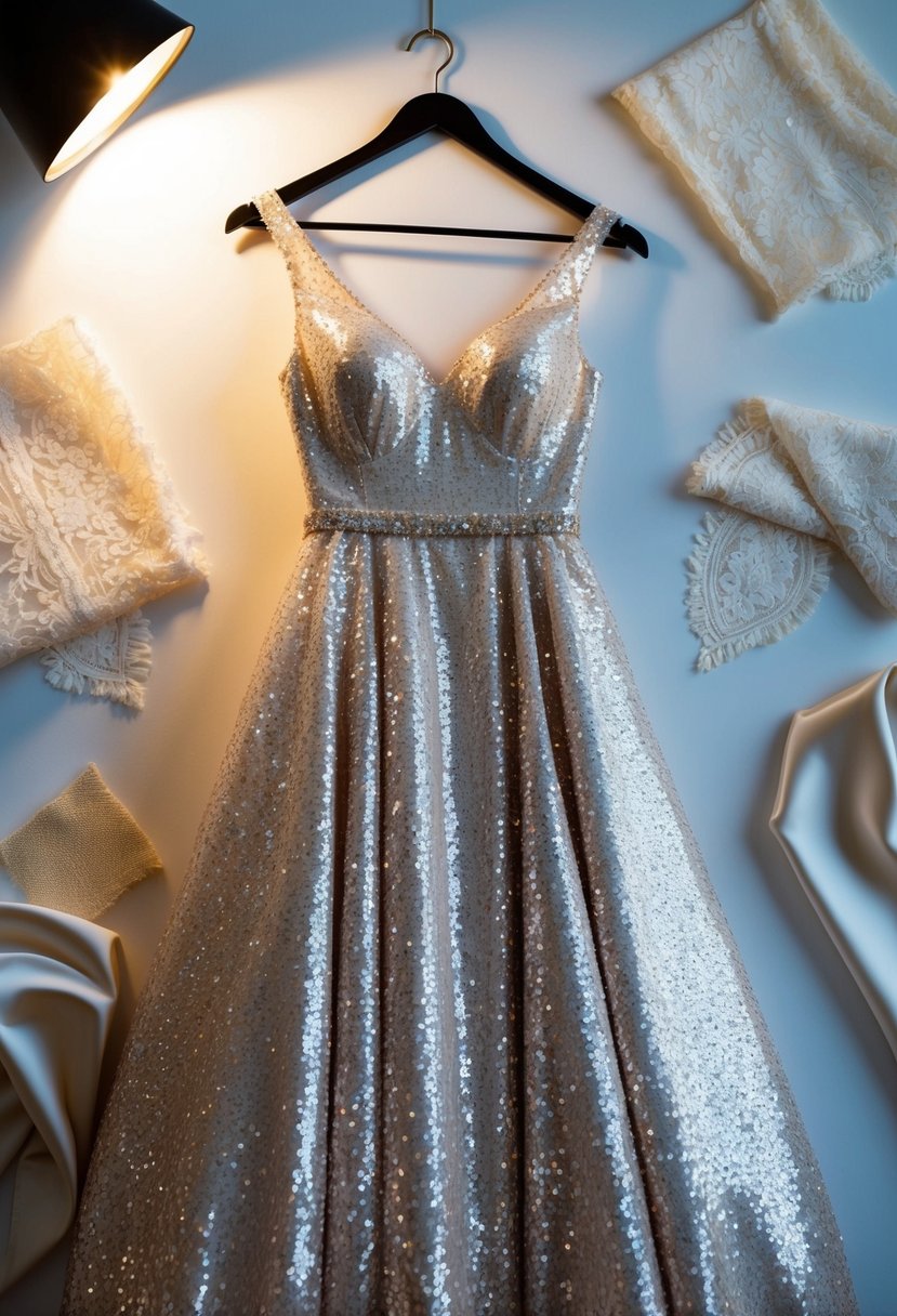 A sparkling sequin gown hangs on a hanger, surrounded by delicate lace and satin fabric swatches. A soft spotlight highlights its shimmer