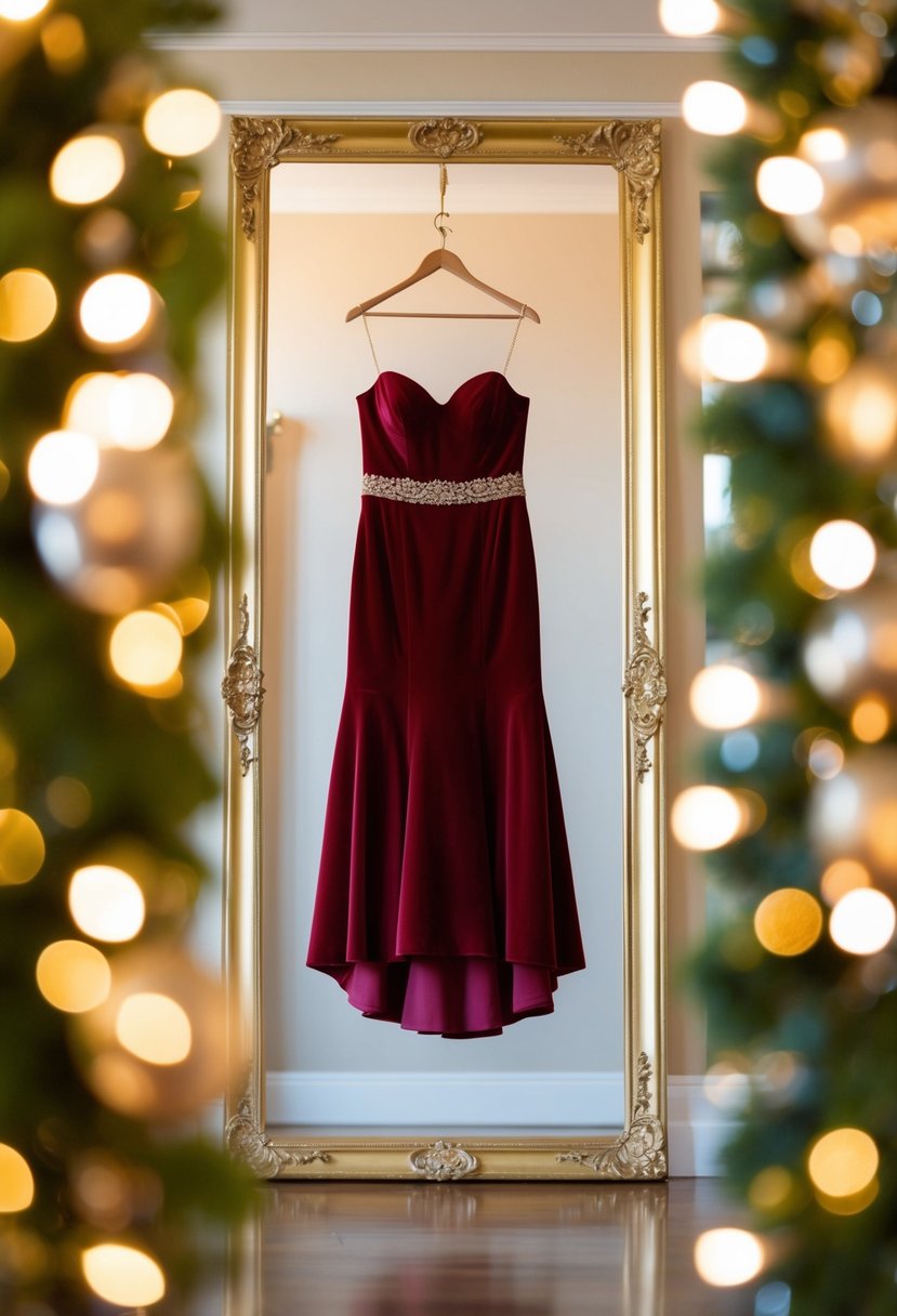 A red velvet formal dress hanging on a golden hanger, surrounded by soft lighting and elegant decor