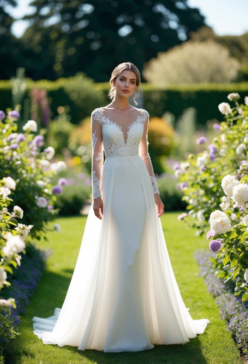 A bride standing in a garden, wearing a flowing long-sleeve wedding dress with intricate lace details, surrounded by blooming flowers and greenery