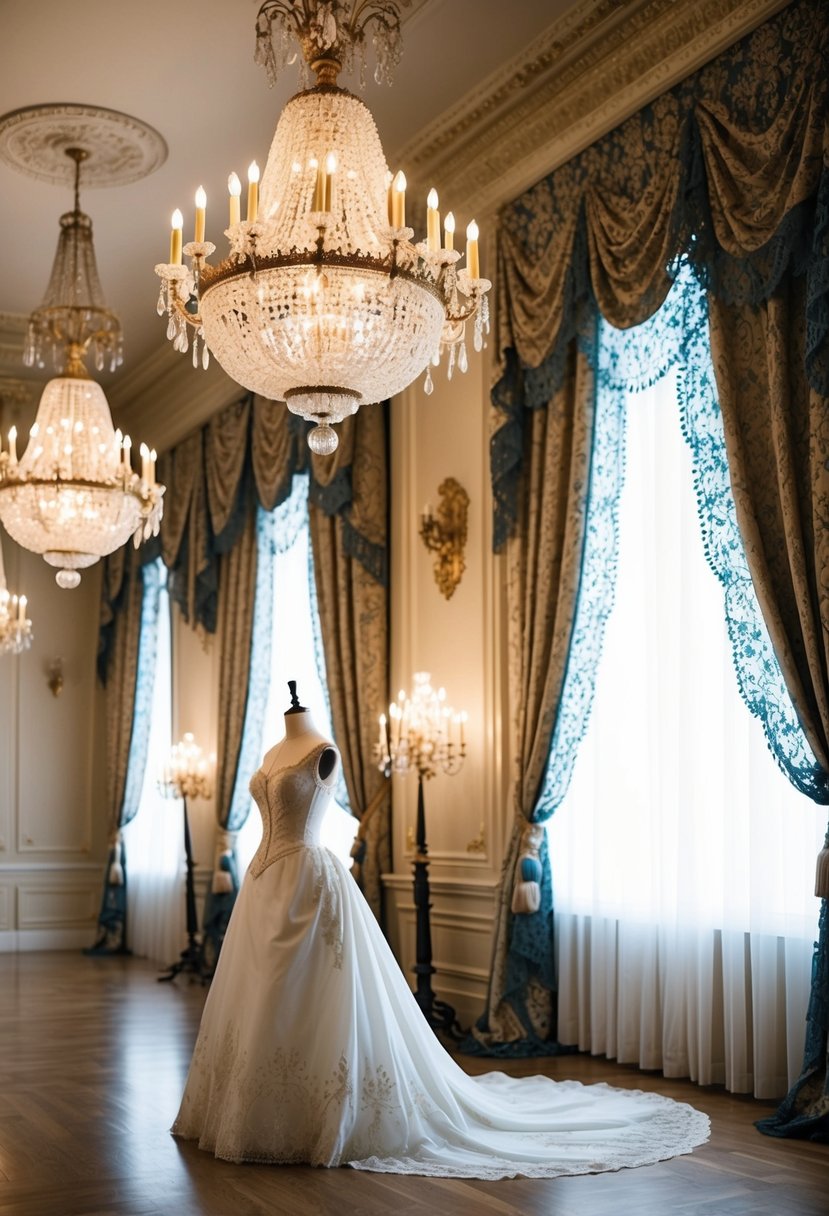 A grand ballroom with ornate chandeliers and intricate lace curtains. A vintage Victorian wedding dress displayed on a mannequin