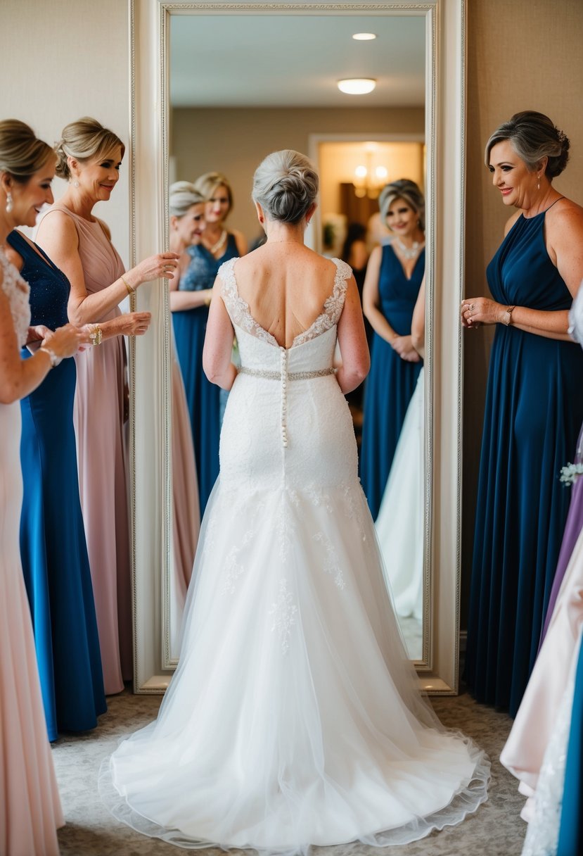 A 50-year-old bride standing in front of a full-length mirror, trying on different wedding dresses, surrounded by a variety of dress options and accessories