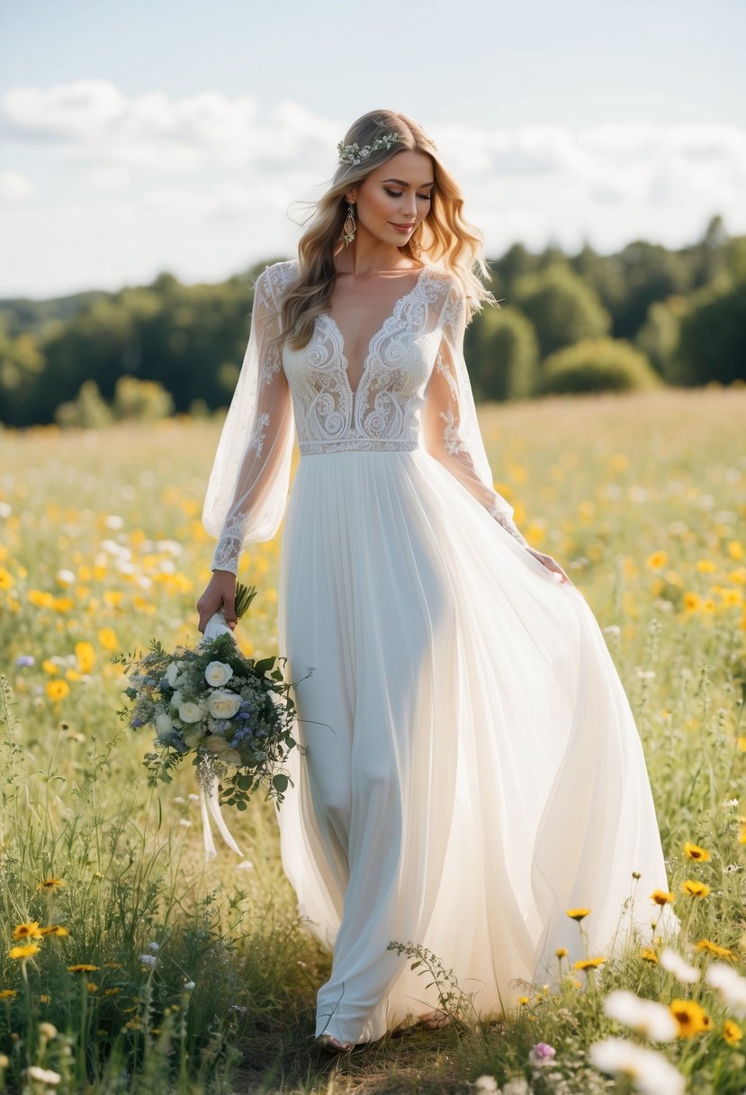 A bride stands in a sunlit meadow, wearing a flowing bohemian lace charm long sleeve wedding dress, surrounded by wildflowers and a gentle breeze