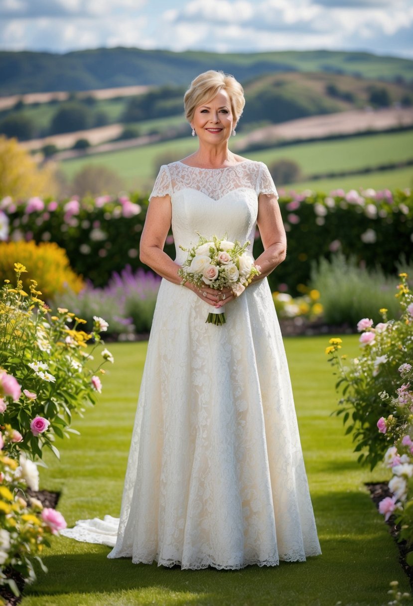 A 50-year-old bride wearing a classic A-line lace gown, standing in a garden surrounded by blooming flowers and a picturesque backdrop of rolling hills