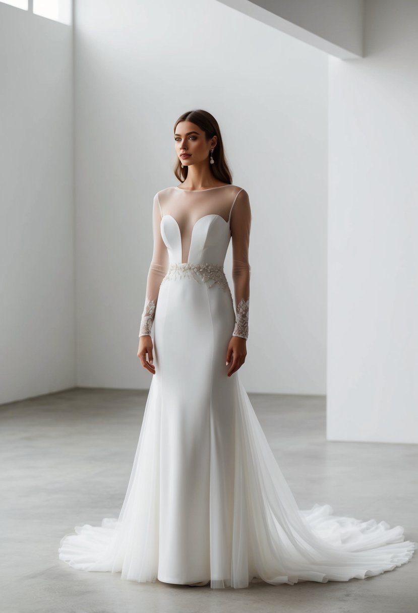 A bride stands in a minimalist, airy space, wearing a sheer statement long sleeve wedding dress with modern, elegant details